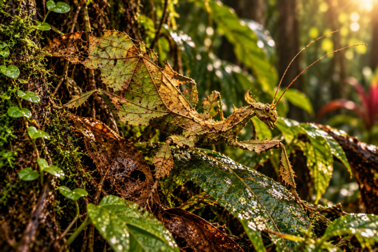 Goed gecamoufleerd insect tussen groene bladeren