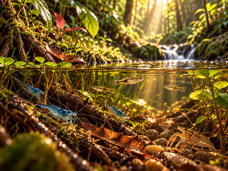 Tropische bosbeek boven en onder water met kleine waterdieren