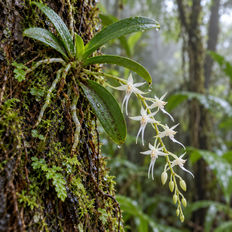 Aerangis punctata als kleine epifytische orchidee in een vochtige tropische omgeving.