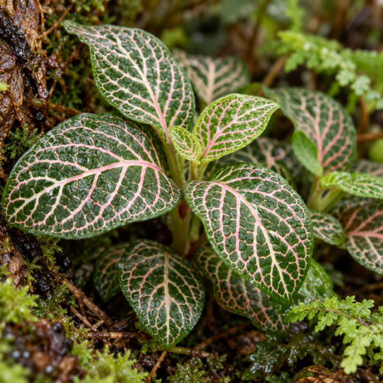 Fittonia-achtige mozaïekplant met opvallend roze nerven in een vochtige tropische omgeving.