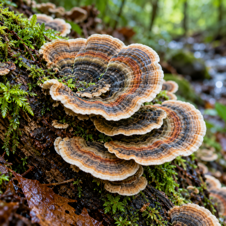 Elfenbankjes met concentrische grijze, bruine en roodbruine banden op vochtig rottend hout.