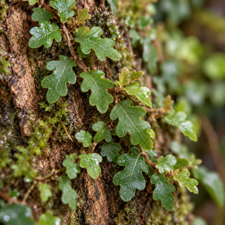 Ficus pumila ‘Quercifolia’ met kleine eikenbladachtige bladeren op vochtige boomschors.
