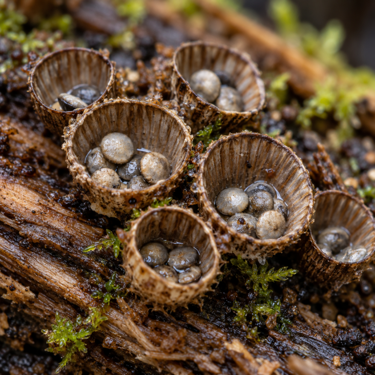 Kleine nestzwammen op rottend hout met ronde peridiolen die op eitjes in een vogelnest lijken.