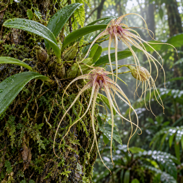 Bulbophyllum medusae als epifyt in een vochtige tropische omgeving.