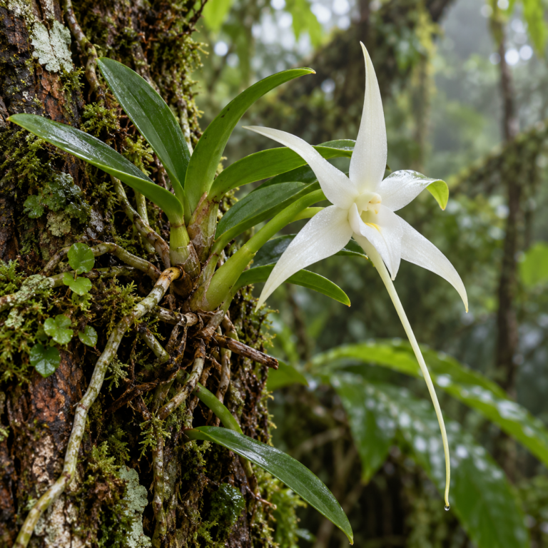 Angraecum didieri als epifytische orchidee op vochtige boomschors.