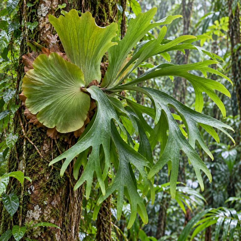 Epifytische Platycerium-hertshoornvaren op boomschors in een vochtige tropische omgeving.