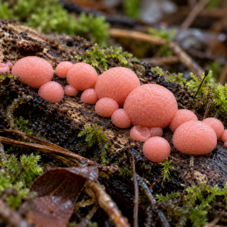 Roze bolvormige vruchtlichamen van Lycogala epidendrum op vochtig rottend hout tussen mos.