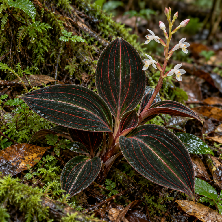 Ludisia discolor met donkere bladeren en roodachtige nerven op een vochtige bosbodem.