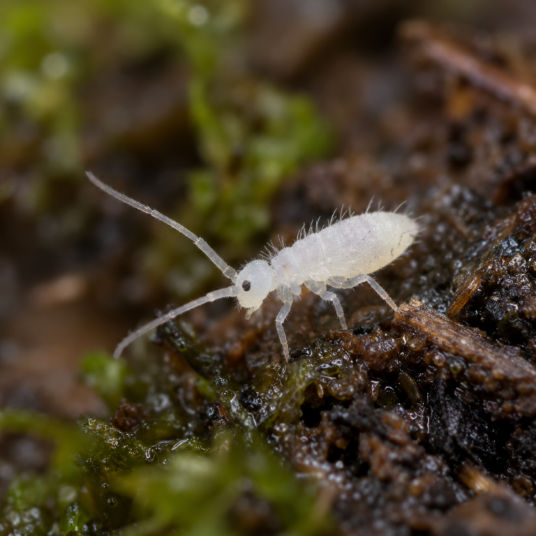 Macrobeeld van een witte springstaart op een vochtige bosbodem.