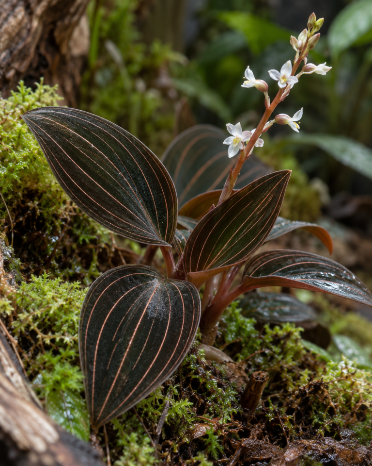 Donkerbladige juweelorchidee met lichte nerven op een vochtige bosbodem; exacte soort niet vastgesteld.