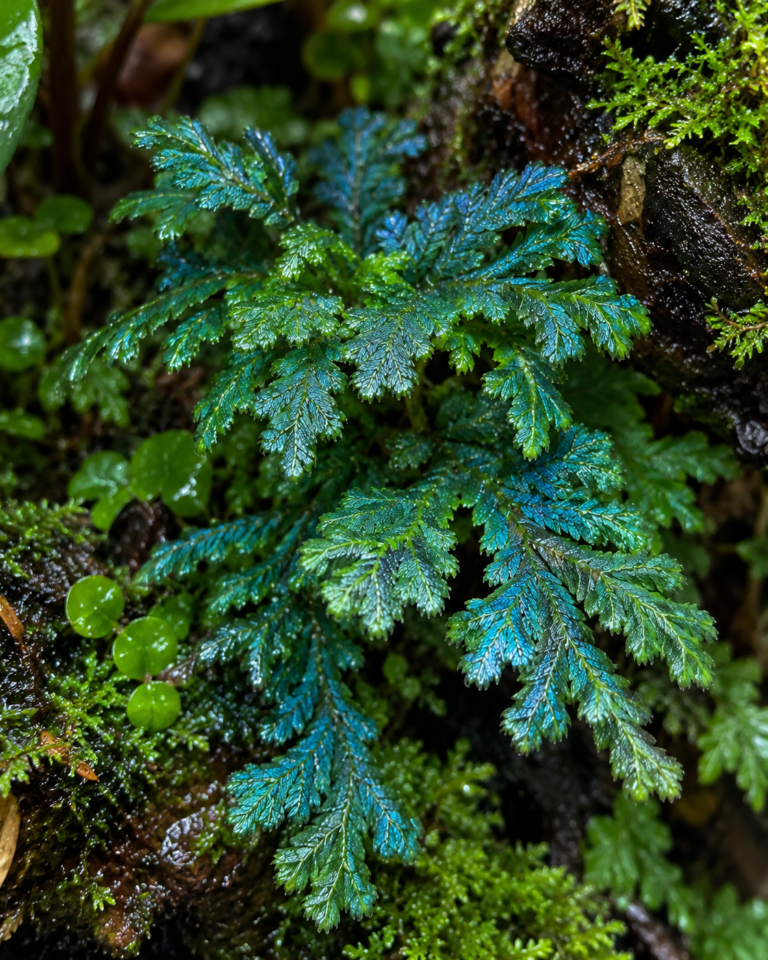 Blauwgroene Selaginella-achtige bodembedekker in een vochtige tropische omgeving.