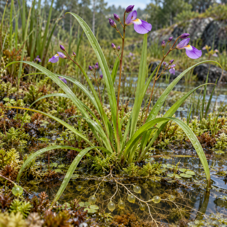 Kleine Utricularia met paarse bloemen in een zeer vochtige groeiplaats; soortniveau niet vastgesteld.