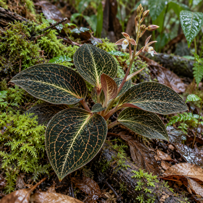 Anoectochilus roxburghii met opvallend geaderde bladeren op een vochtige bosbodem.
