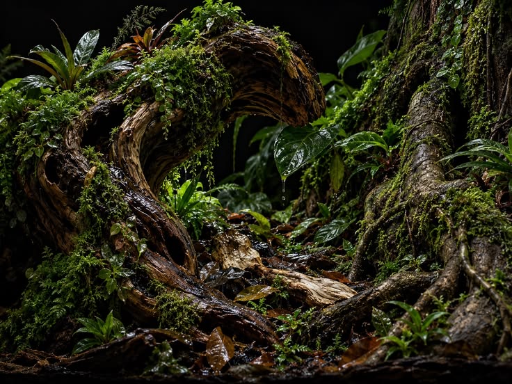 Artistieke impressie van een verborgen microhabitat tussen holle wortel, takken en tropische begroeiing